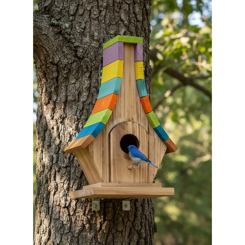 Wooden Birdhouse 12.6in Multi-Color Rainbow Curved Roof Outdoor Garden New